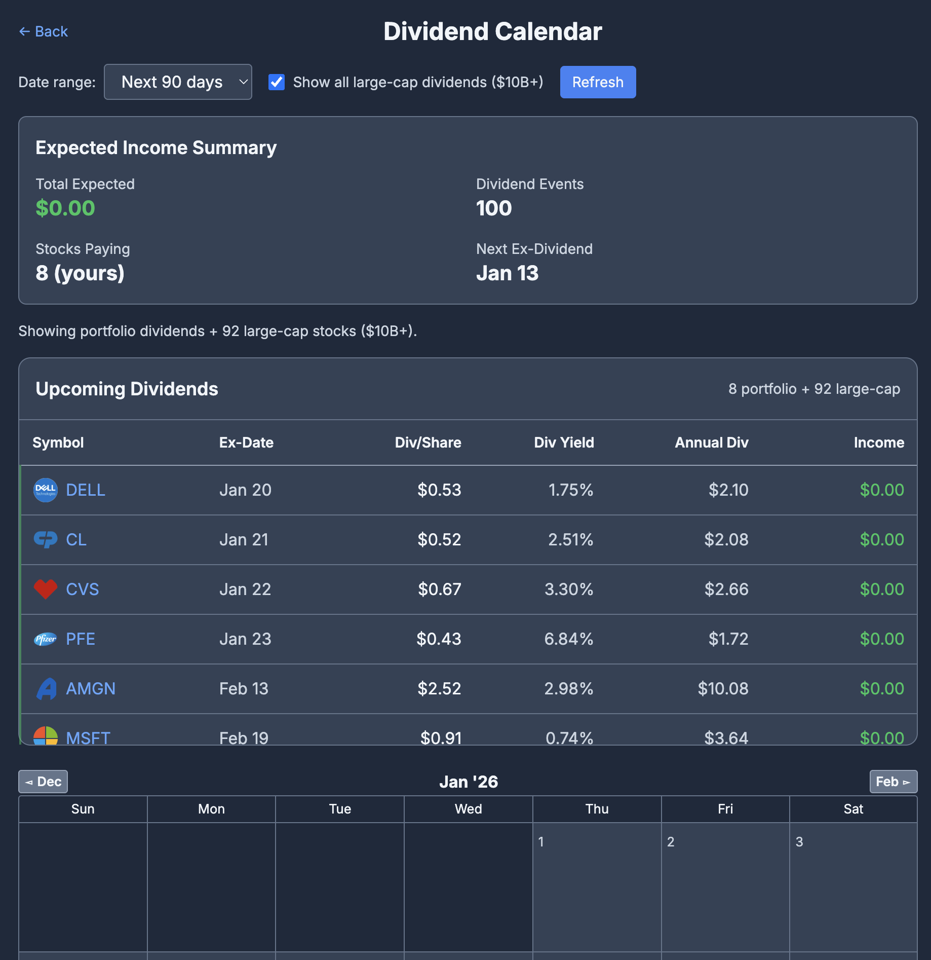Dividend Calendar screenshot