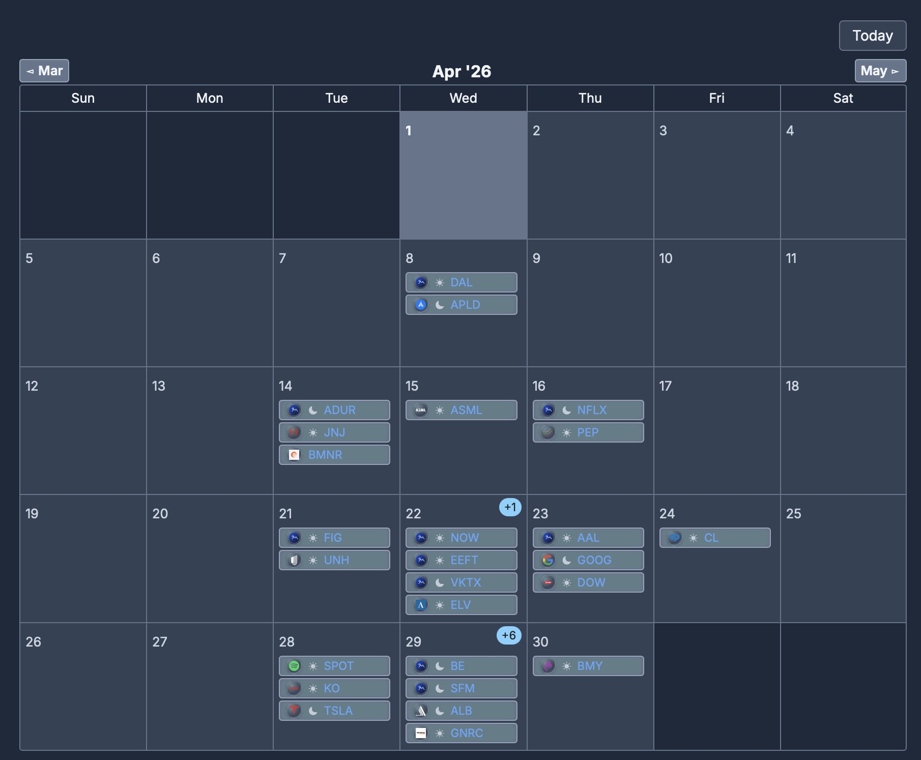 Earnings Calendar screenshot