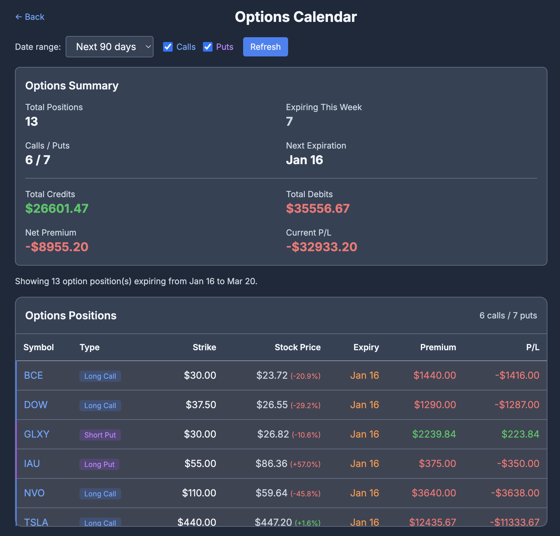 Options Calendar screenshot